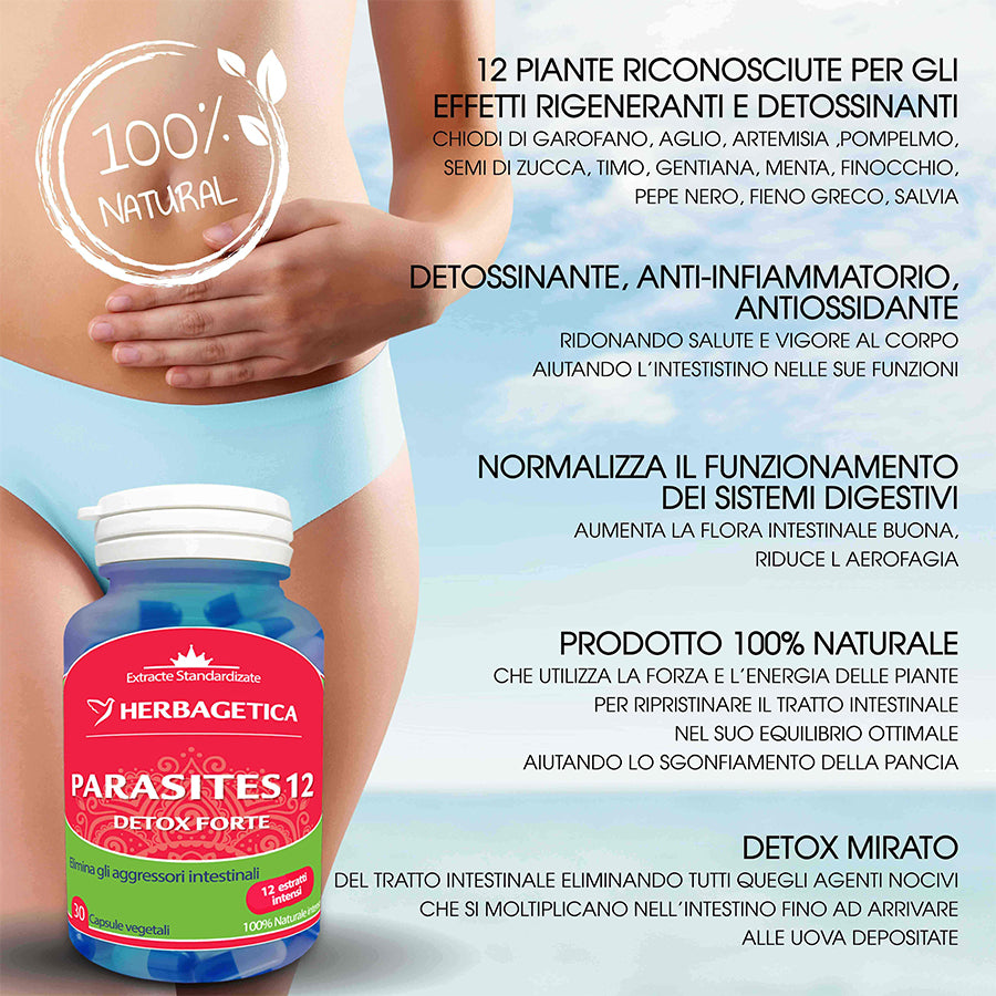 Parasites 12 Detox Forte, Herbagetica-Stop vermi intestinali, disintossicante, antinfiammatorio, antiossidante.