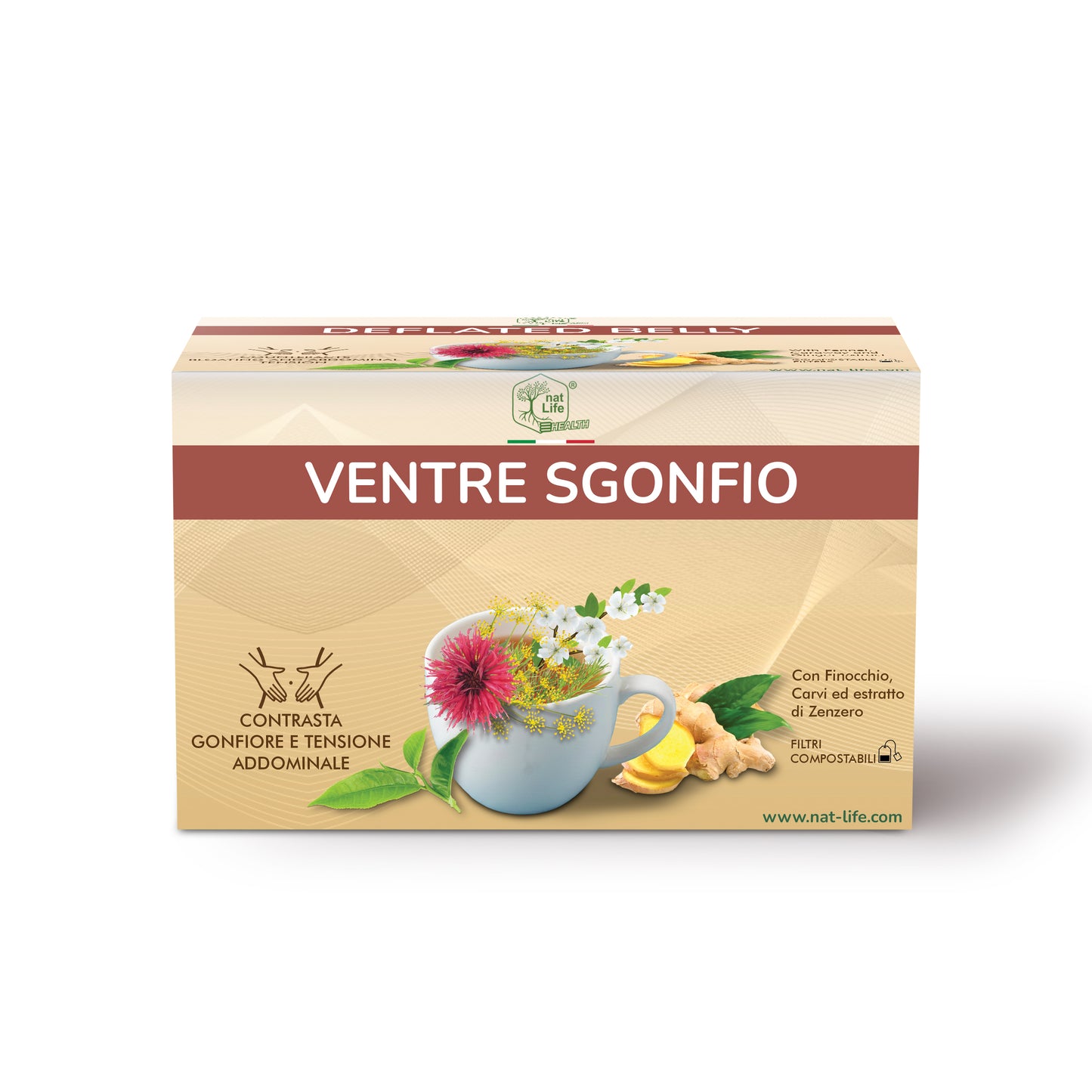 Tisana Ventre e Pancia Sgonfia con Finocchio, Carvi ed Estratto di Zenzero - Contrasta Gonfiore e Tensione Addominale - Senza Zucchero, 100% Naturale, 15 bustine termosaldate biodegradabili