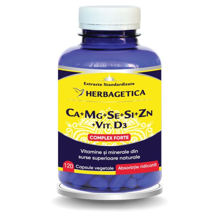 Ca+Mg+Se+Si+Zn organico con vitamina D3, 120 capsule Herbagetica