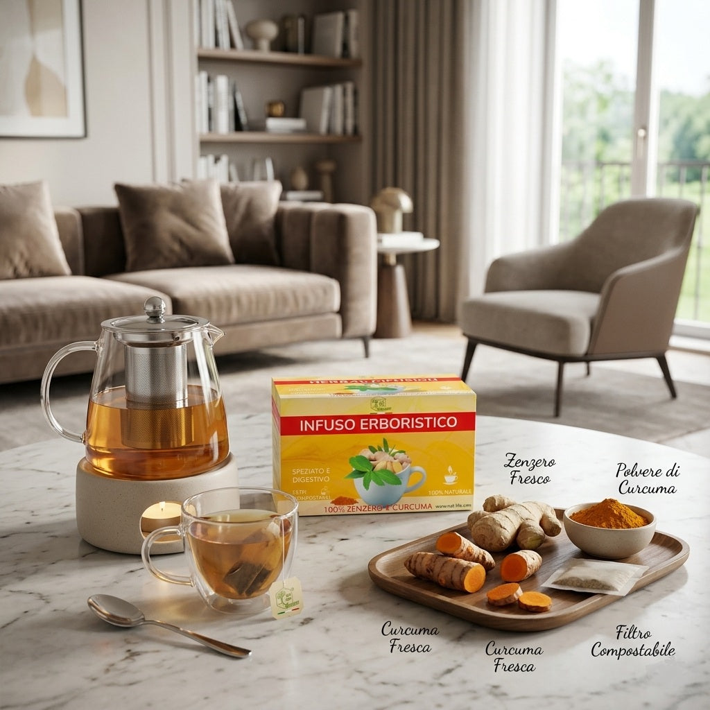 Infuso Erboristico Zenzero e Curcuma, 100% Naturale e Speziato, Tisana Digestiva Ideale Dopo i Pasti,Senza Zucchero, 100% Naturale, 15 bustine biodegradabili termosaldate