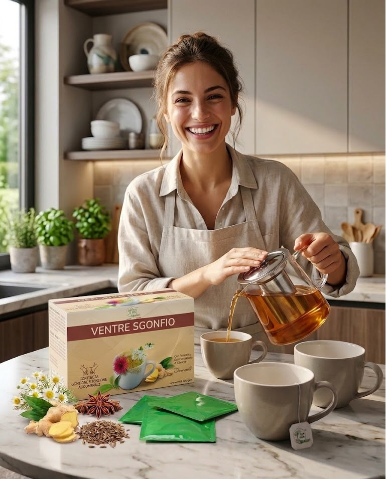Tisana Ventre e Pancia Sgonfia con Finocchio, Carvi ed Estratto di Zenzero - Contrasta Gonfiore e Tensione Addominale - Senza Zucchero, 100% Naturale, 15 bustine termosaldate biodegradabili